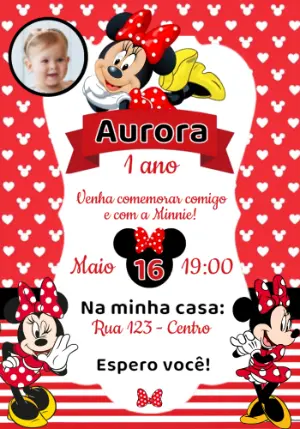 Convite de Aniversário Minnie Vermelha com Foto Editável