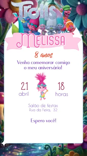 Convite Trolls Editável para Festa de Aniversário Infantil