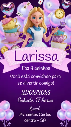 Convite de Aniversário Alice no País das Maravilhas 3D Editável