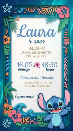 Convite de Aniversário Stitch Tropical Editável