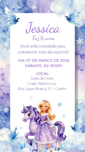 Convite Aniversário Princesa do Gelo e Unicórnio Roxo Editável