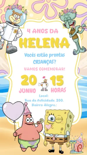 Convite de Aniversário Bob Esponja Digital para Editar