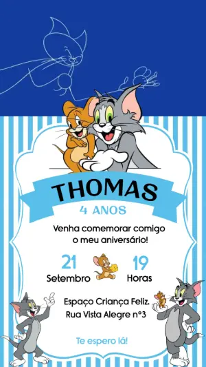 Convite Animado Tom e Jerry para Aniversário Infantil Editável