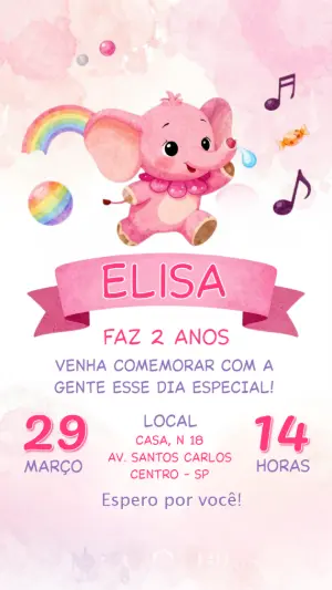 Convite de Aniversário Elefantinha Rosa Aquarela para Editar