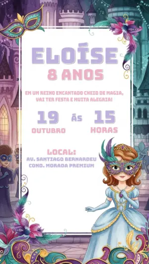 Convite Aniversário Princesa Sofia Baile de Máscaras para Editar