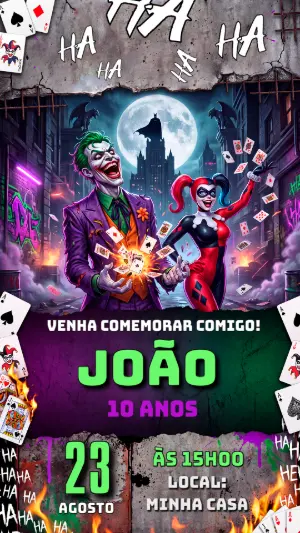 Convite de Aniversário Coringa e Arlequina Editável