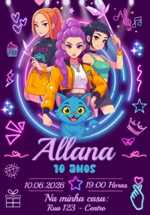 Convite de Aniversário Guerreiras do K-Pop para Meninas