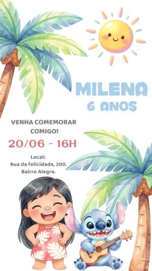 Convite de Aniversário Lilo e Stitch Aquarela para Editar