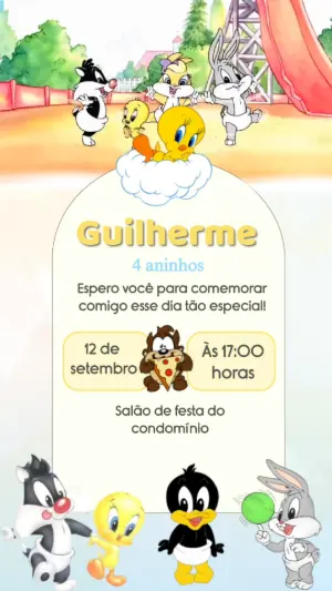 Vídeo Convite Aniversário Baby Looney Tunes no Parquinho para Editar
