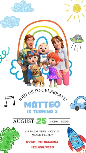 Colorful Cocomelon Birthday Invitation | Digital Editable Template