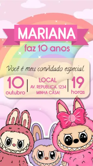 Convite de Aniversário Labubu Rosa Editável para Imprimir