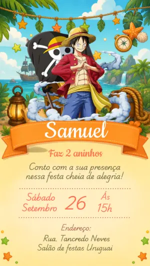 Convite de Aniversário One Piece Editável para Menino