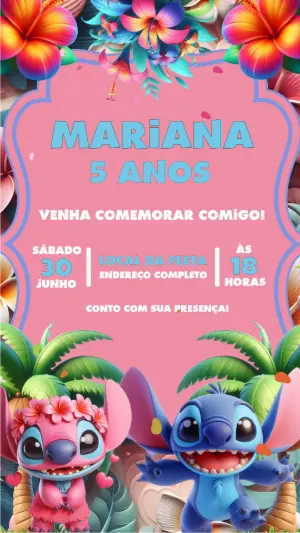 Convite Animado Aniversário Stitch e Angel para Editar