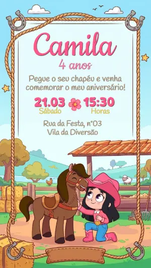 Convite de Aniversário Boiadeirinha Country para Editar