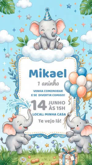 Convite de Aniversário Elefante Fofo Aquarela para Editar