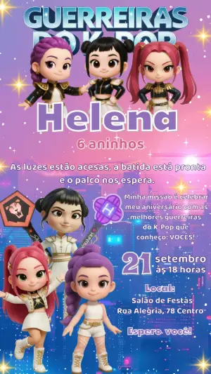 Convite de Aniversário K-Pop Guerreiras Modelo Digital para Editar