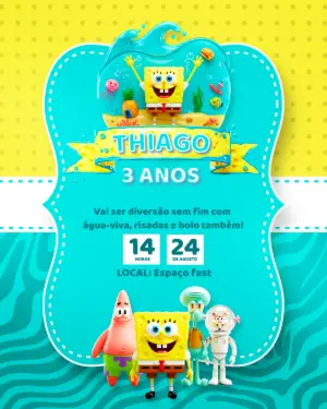 Convite de Aniversário Bob Esponja com Personagens para Editar