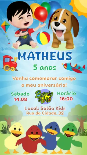 Convite Aniversário Bento e Totó com Personagens para Editar Online