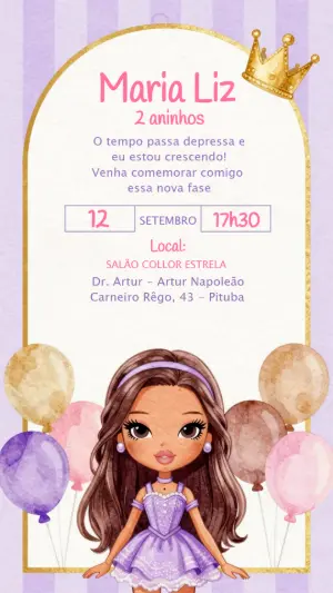 Convite de Aniversário Princesa Morena Lilás Editável