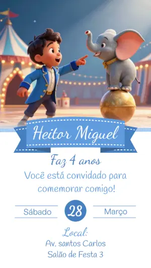 Convite de Aniversário Circo Infantil 3D para Editar