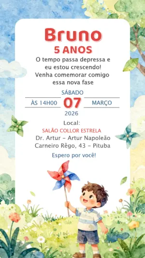 Convite de Aniversário Infantil Aquarela Menino Editável