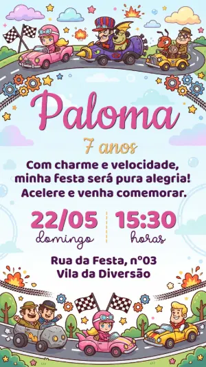 Convite Aniversário Corrida Maluca Infantil para Editar