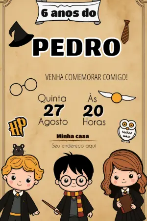 Convite de Aniversário Harry Potter com Personagens para Editar