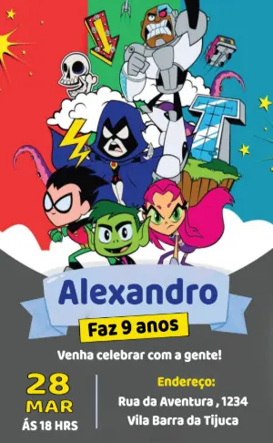 Convite de Aniversário Jovens Titãs em Ação para Editar