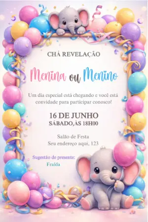 Convite Chá Revelação Elefantinho Fofo com Balões Editável