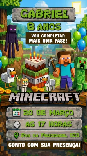Convite de Aniversário Minecraft Pixelado para Editar