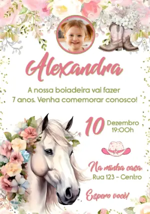 Convite de Aniversário Boiadeira Floral com Foto para Editar