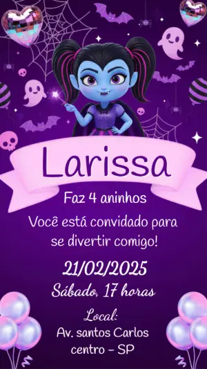 Convite Digital Aniversário Infantil Tema Vampirina Editável