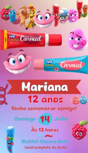 Convite Aniversário Carmed Fini com Personagens para Editar