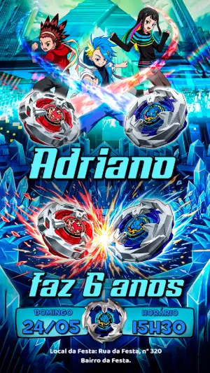 Convite de Aniversário Beyblade Editável com Muita Ação