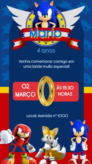 Convite de Aniversário Sonic e Amigos Modelo Digital para Editar