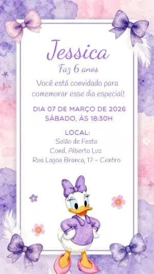 Convite de Aniversário Margarida Aquarela Lilás Editável
