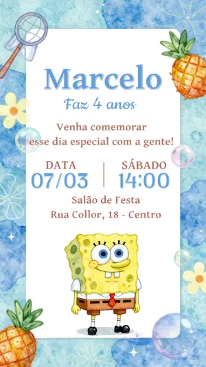 Convite de Aniversário Bob Esponja Aquarela para Editar