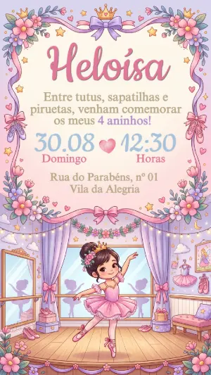Convite de Aniversário Bailarina Rosa e Lilás Modelo Editável