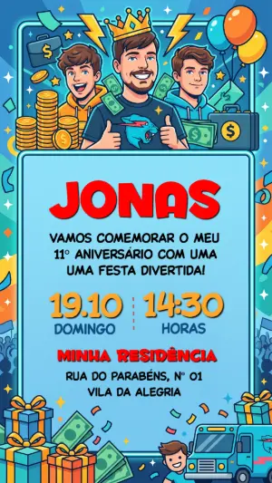Convite de Aniversário Infantil Tema Youtuber MrBeast para Editar