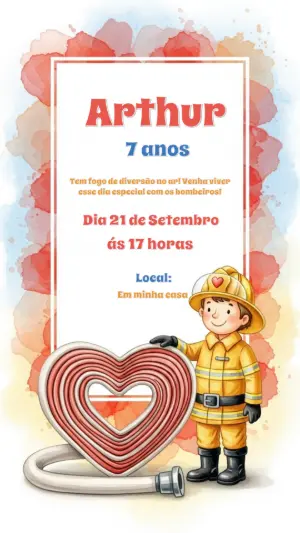 Convite de Aniversário Bombeiro Infantil Editável com Aquarela