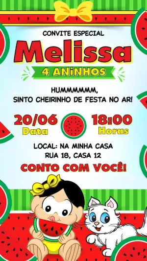 Convite de Aniversário Tema Magali Melancia Modelo Editável