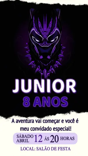 Convite Editável Aniversário Pantera Negra Estilo Neon