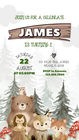 Cute Woodland Animals Birthday Invitation Editable Template