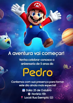 Convite Digital Super Mario no Espaço para Editar