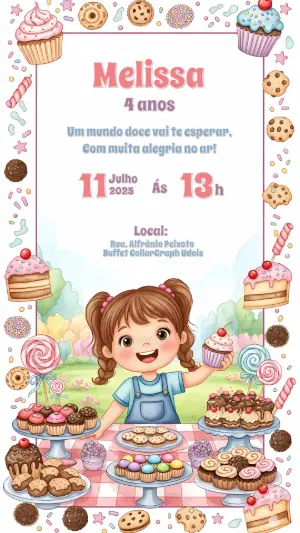 Convite Aniversário Doces e Confeitaria Menina para Editar