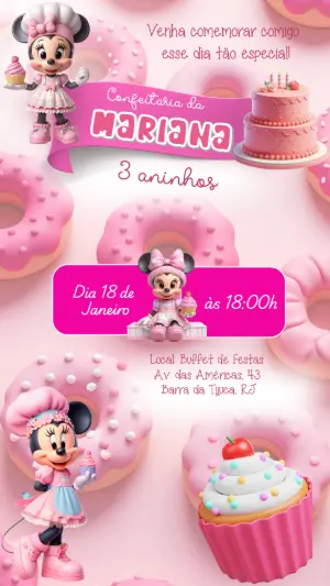 Convite de Aniversário Confeitaria da Minnie Rosa Editável