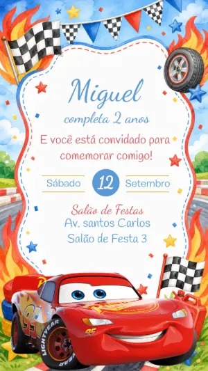 Convite de Aniversário Carros: Relâmpago McQueen Editável