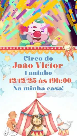 Convite Animado Aniversário Circo Aquarela para Editar