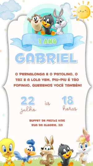 Convite de Aniversário Turma do Pernalonga Baby Editável