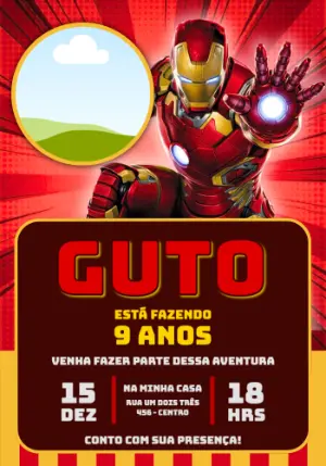 Convite de Aniversário Homem de Ferro com Foto para Editar